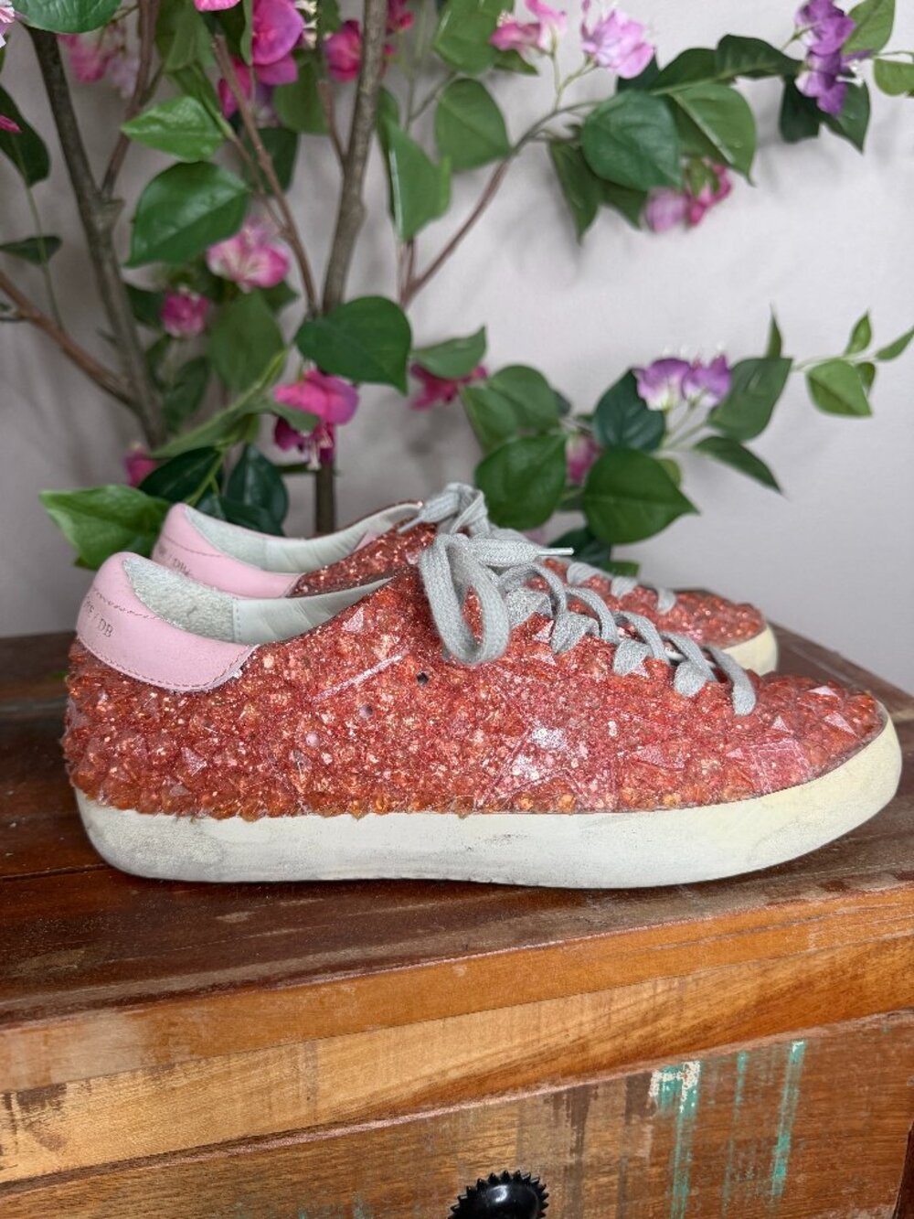 Women's Golden Goose GGDB SUPERSTAR Pink 3D Crystal Glitter Sneakers Sz 39, US 9